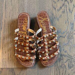 Sam Edelman Brown Leather Studded Slide Sandals with Gold Accents